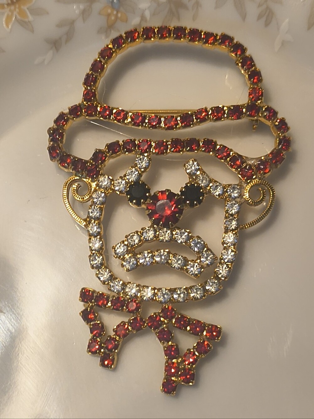 Vtg Sad Clown Rare Red  Triangular Bowtie Prong Rhinestone Brooch